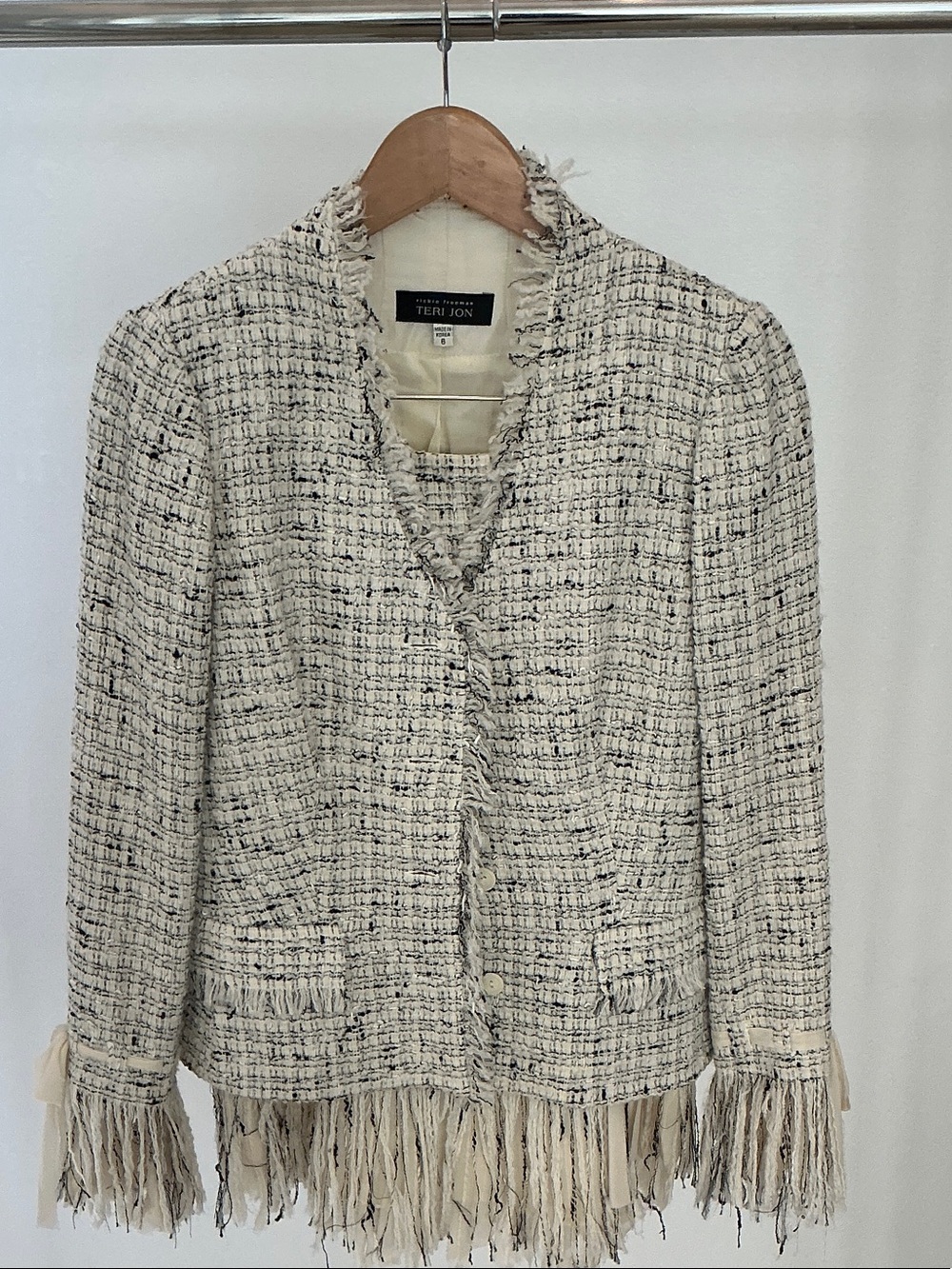 Teri Jon Cream and Black Fringe Tweed Jacket